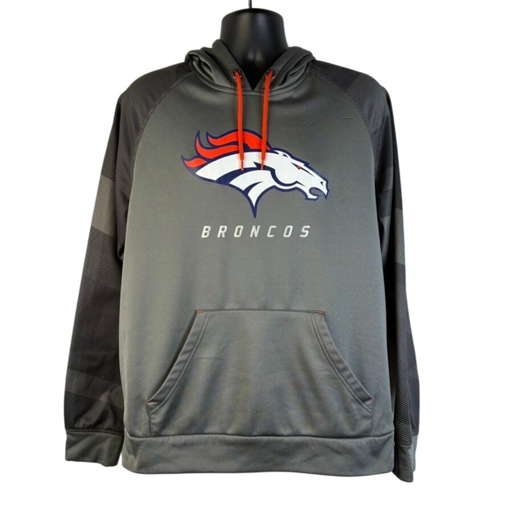 Majestic Denver Broncos NFL Therma Base Hoodie Mens‎ Large Grey Orange Pullover - Picture 2 of 16